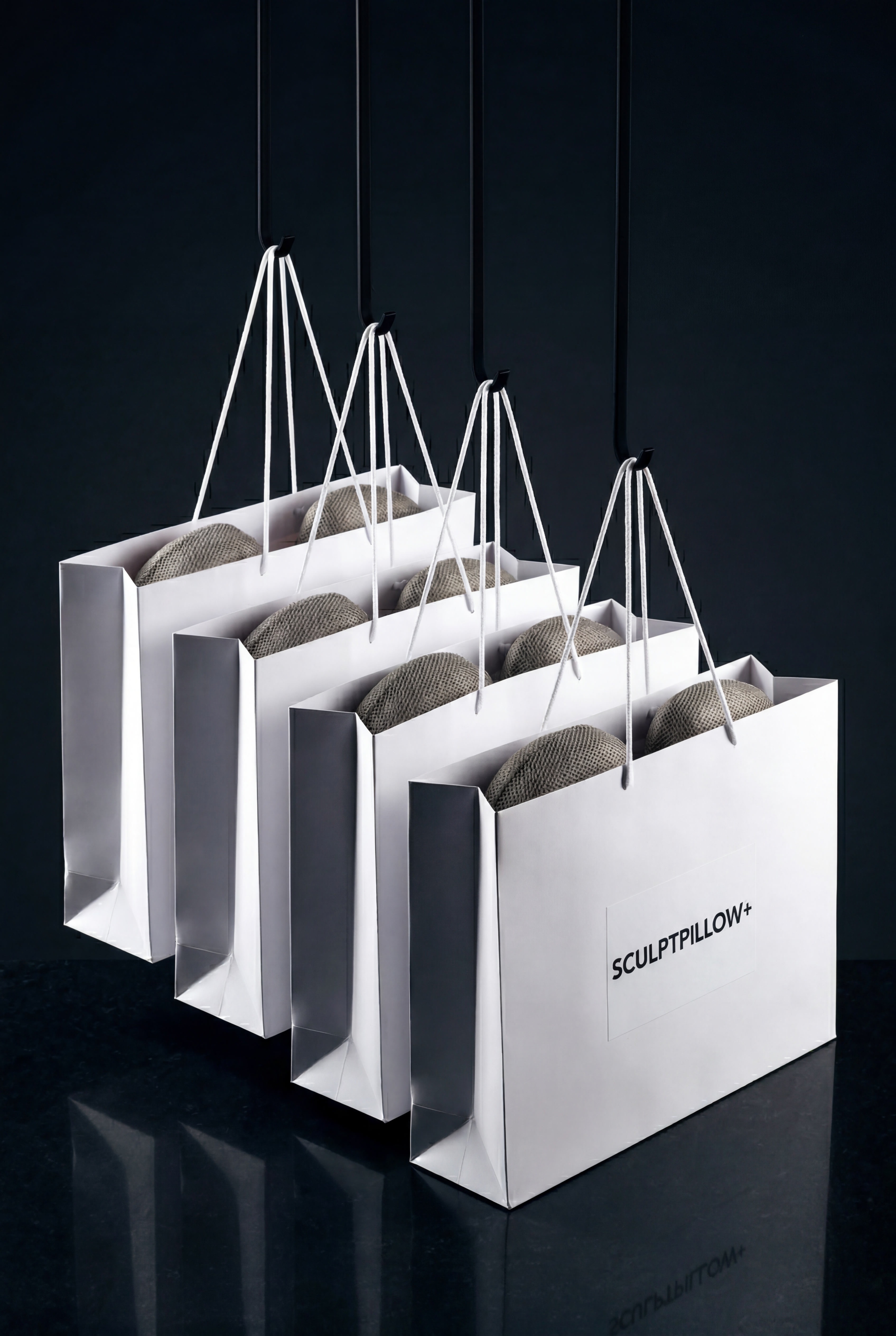 Four SCULPTPILLOW presentation bags suspended on black ribbons against a graphite backdrop.